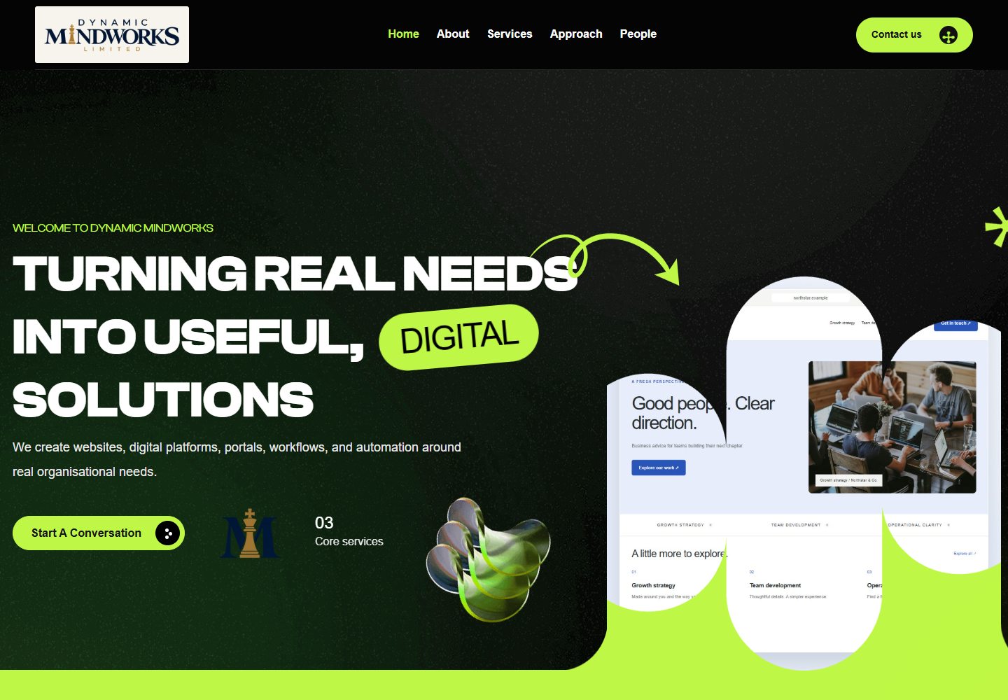 Preview of original Creovio Home 01 with Dynamic Mindworks content