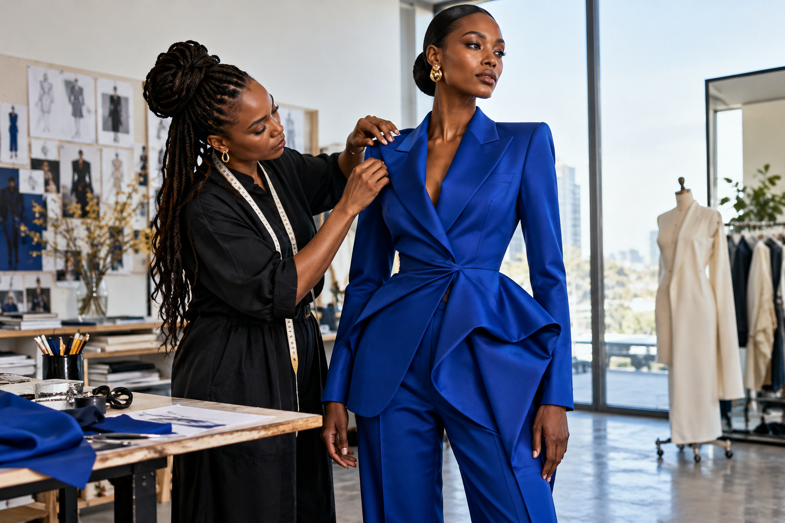 Concept designer adjusting a cobalt-blue suit in a bright studio.