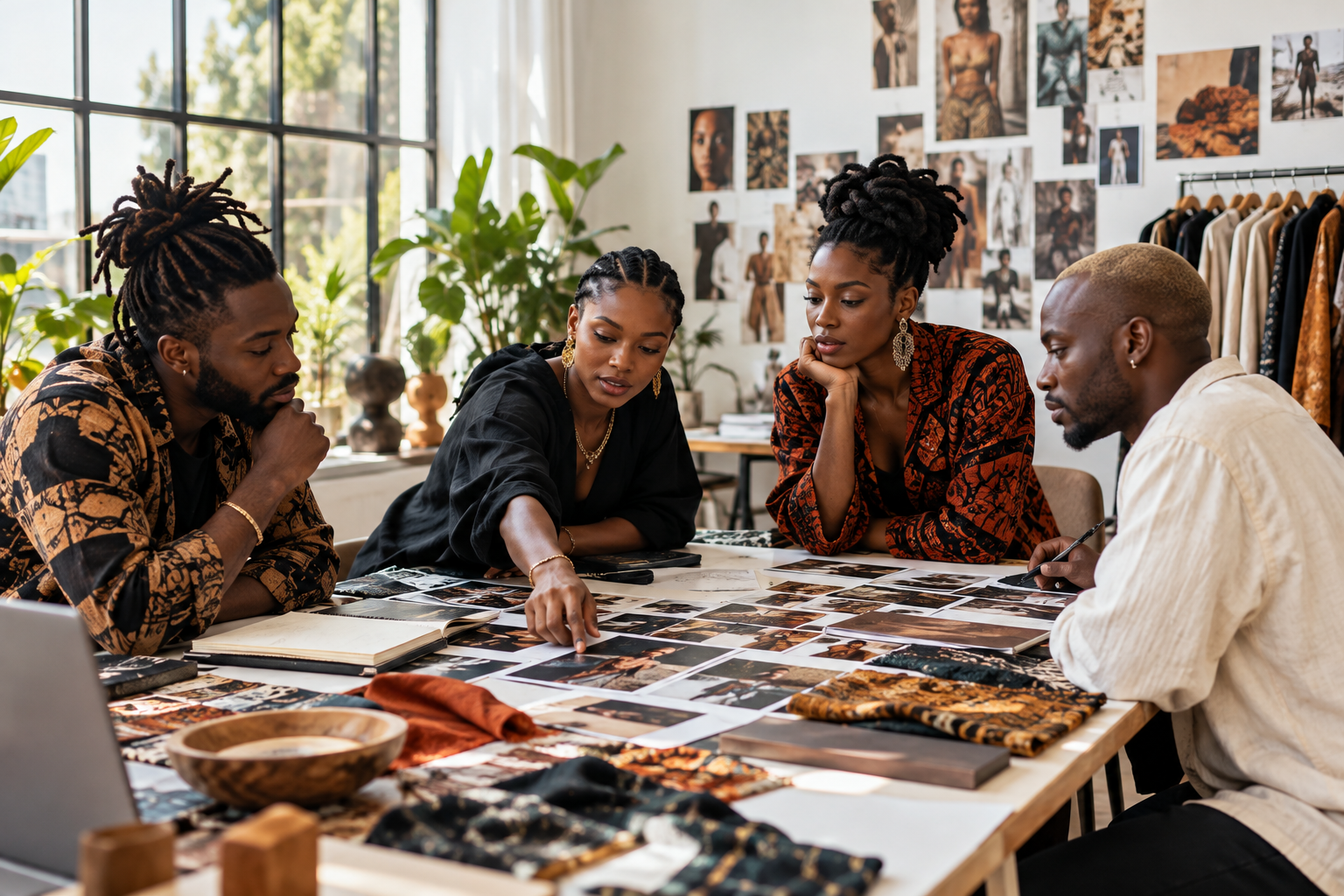 Concept creatives discussing visual work in a bright workspace.