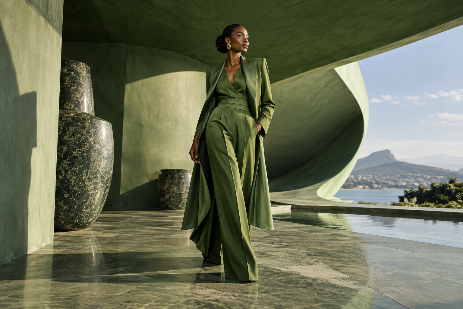 Concept fashion portrait in green tailoring against green architecture.