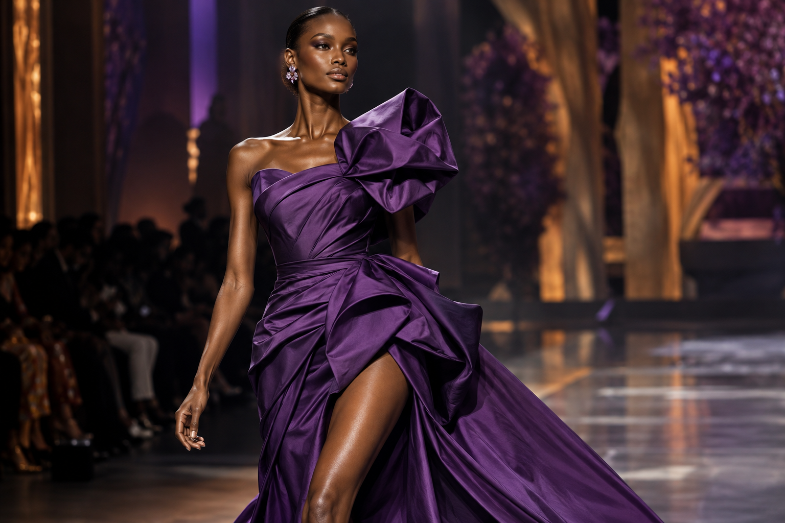 Concept runway model in sculptural purple eveningwear.