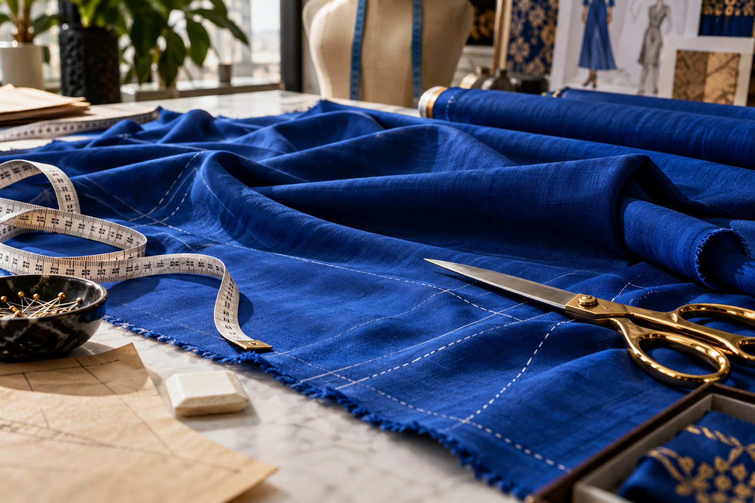 Concept close-up of cobalt fabric and tailoring tools.
